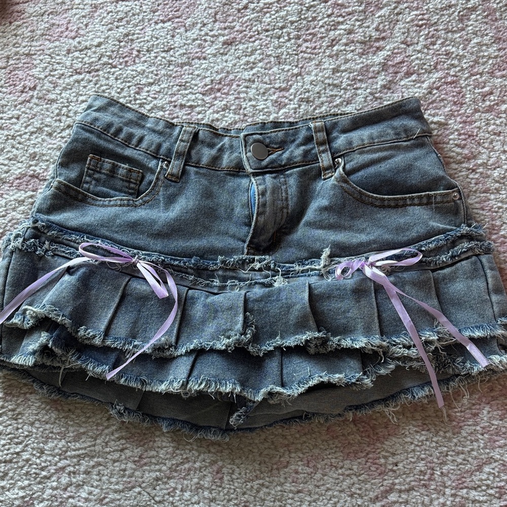 Denim Mini Skirt with Ruffle and Ribbon